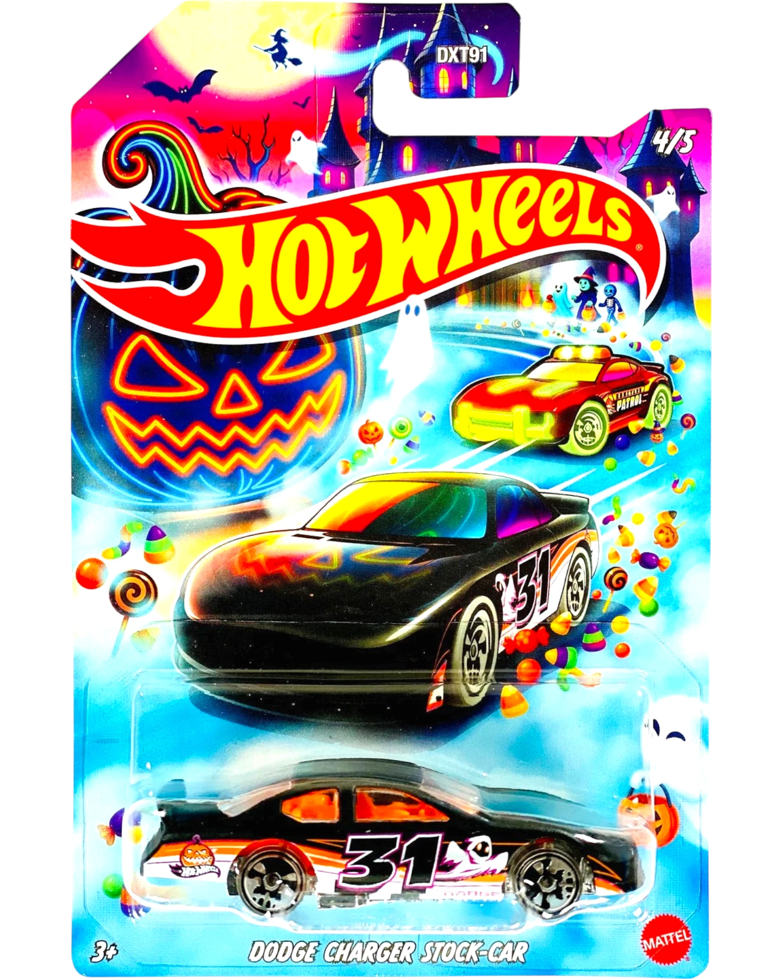 More Than Diecast Hot Wheels 2026 Halloween Series Alpha Pursuit die-cast car, black with orange accents and number 31. Packaged with Halloween graphics.
