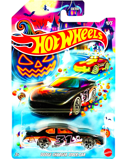 More Than Diecast Hot Wheels 2026 Halloween Series Alpha Pursuit die-cast car, black with orange accents and number 31. Packaged with Halloween graphics.