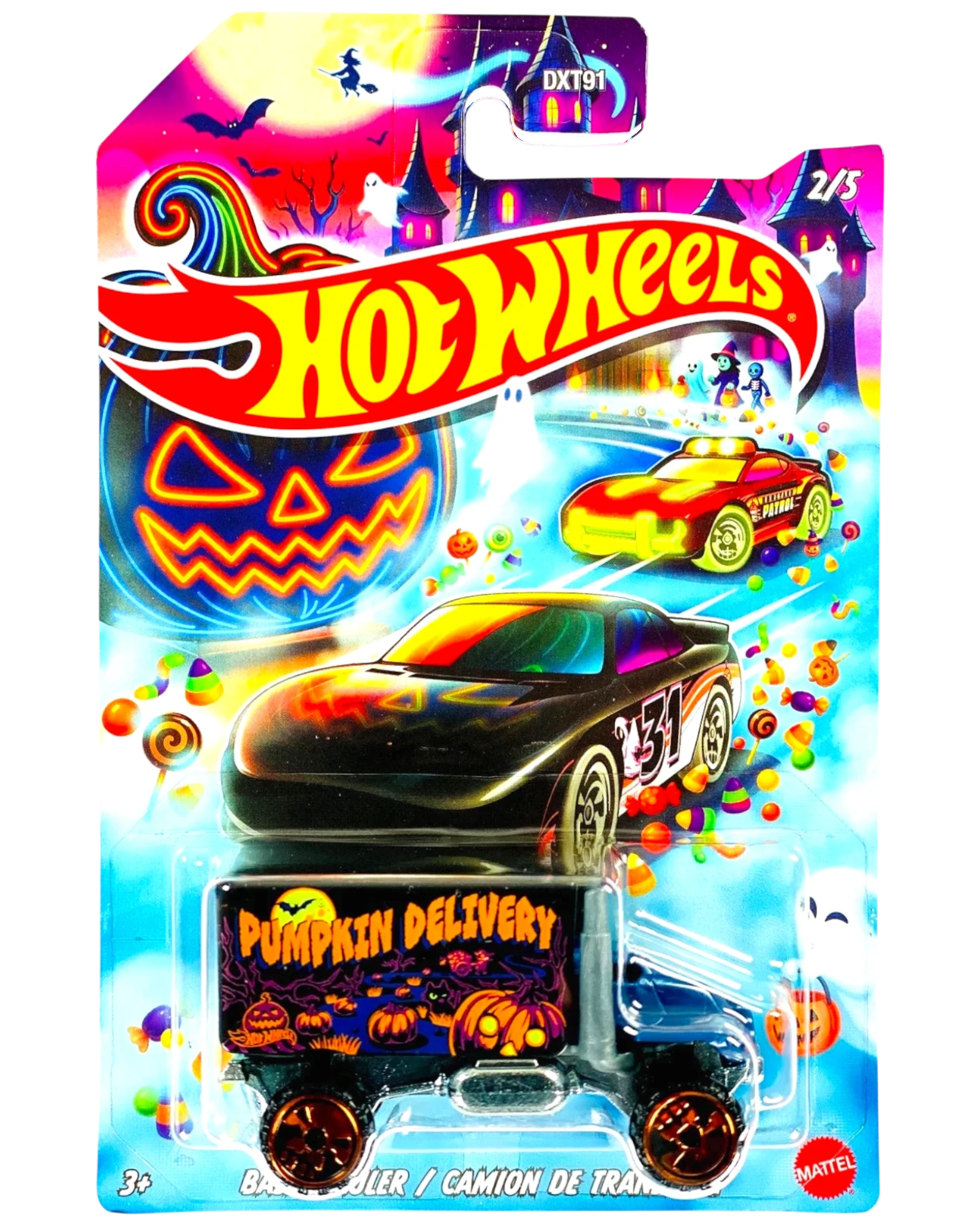 More Than Diecast Hot Wheels 2026 Halloween Series Baja Hauler toy truck with "Pumpkin Delivery" graphics and orange wheels.