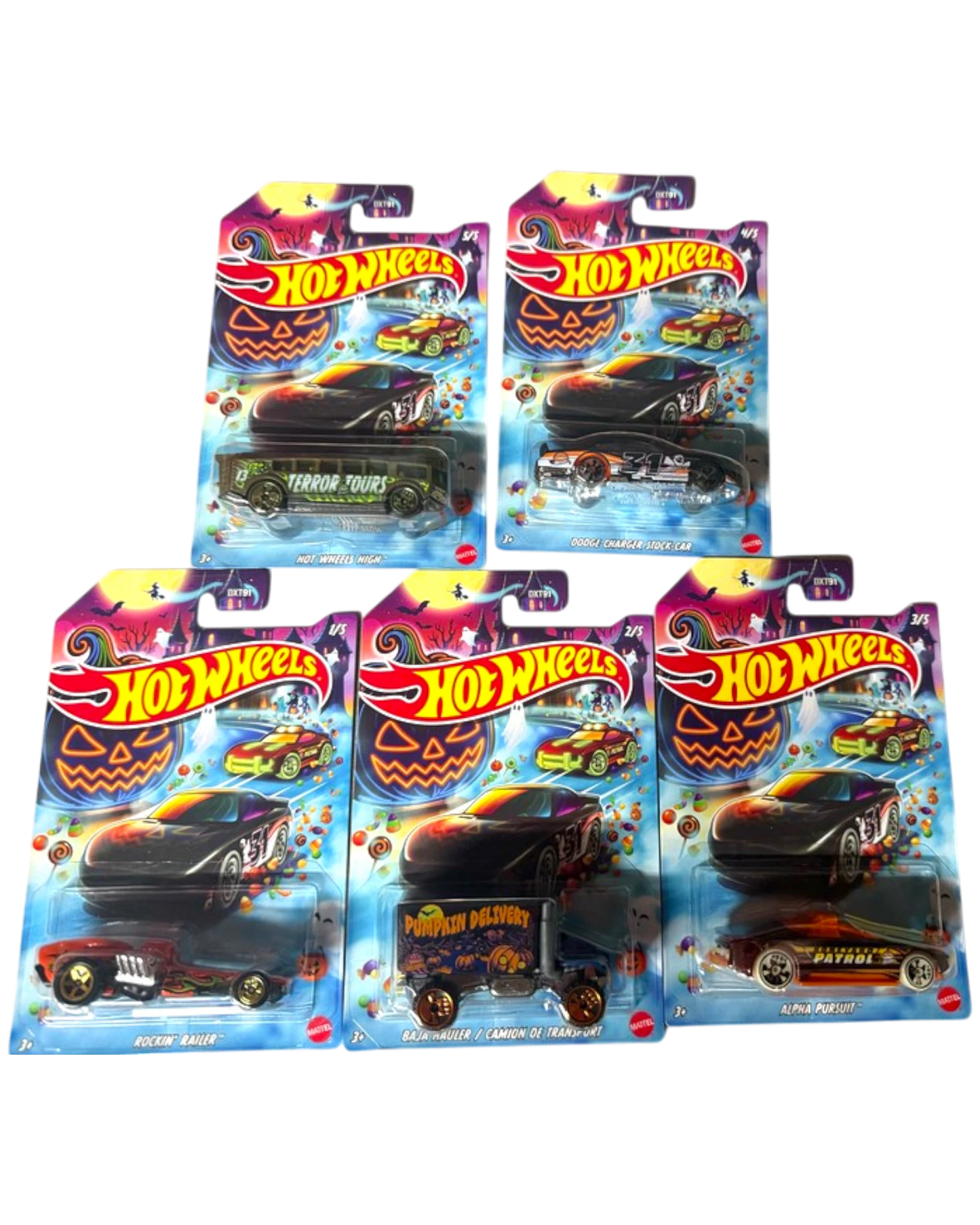 More Than Diecast Hot Wheels 2026 Halloween Series complete set of 5 die-cast toy cars in packaging. Features spooky designs and Halloween themes.