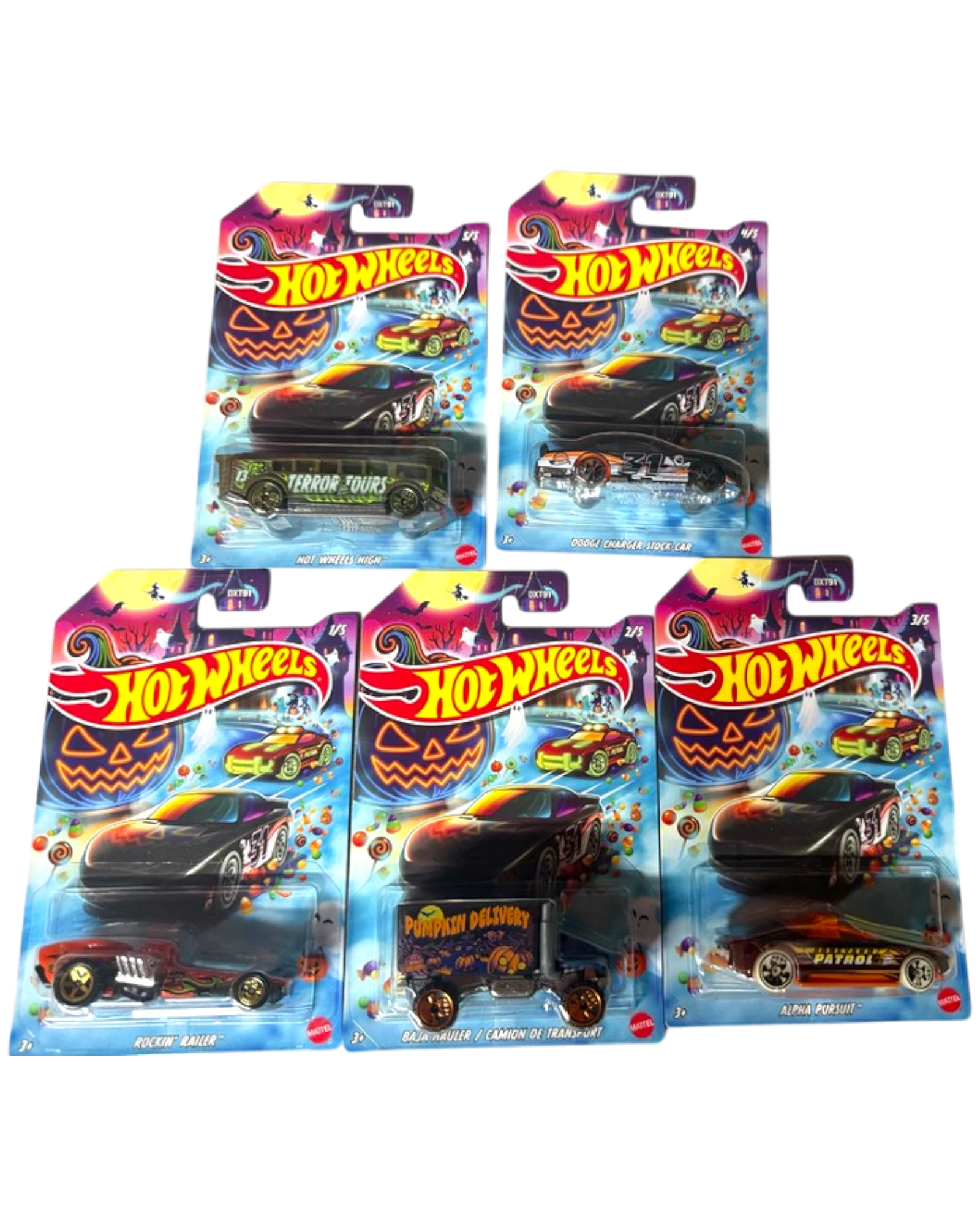 More Than Diecast Hot Wheels 2026 Halloween Series complete set of 5 die-cast toy cars in packaging. Features spooky designs and Halloween themes.