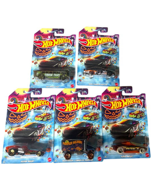 More Than Diecast Hot Wheels 2026 Halloween Series complete set of 5 die-cast toy cars in packaging. Features spooky designs and Halloween themes.