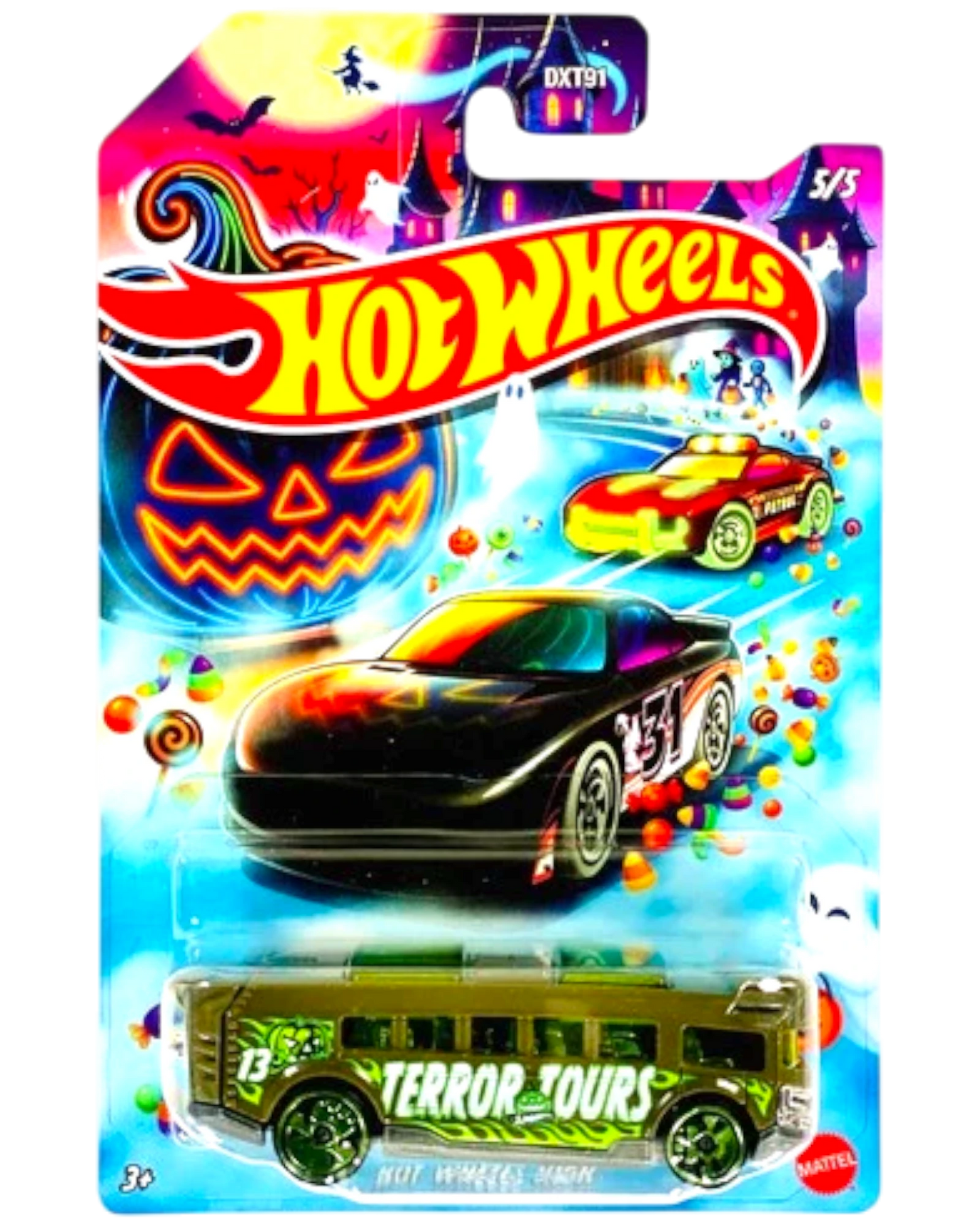 More Than Diecast Hot Wheels 2026 Halloween Series school bus, 5/5. Features spooky graphics and green "Terror Tours" text. Sold as Scratch & Dent.