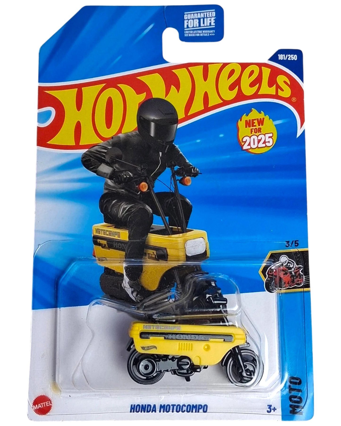 More Than Diecast Hot Wheels 2025 Honda Motocompo toy in yellow and black with rider figure.