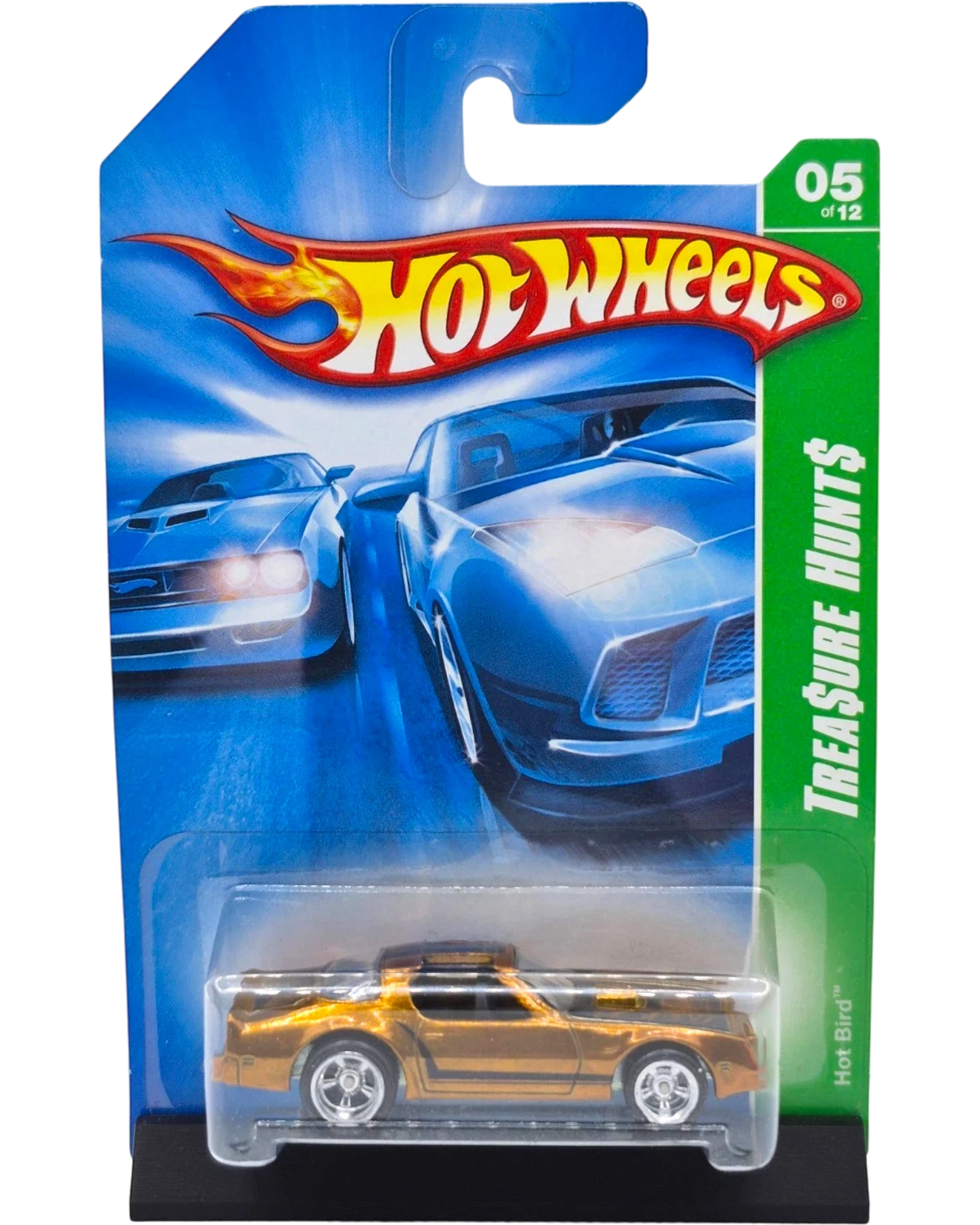 More Than Diecast 2008 Hot Wheels Super Treasure Hunt Hot Bird Firebird, 1:64 scale, gold Spectraflame paint, Real Rider wheels.