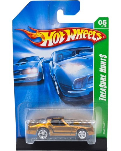 More Than Diecast 2008 Hot Wheels Super Treasure Hunt Hot Bird Firebird, 1:64 scale, gold Spectraflame paint, Real Rider wheels.
