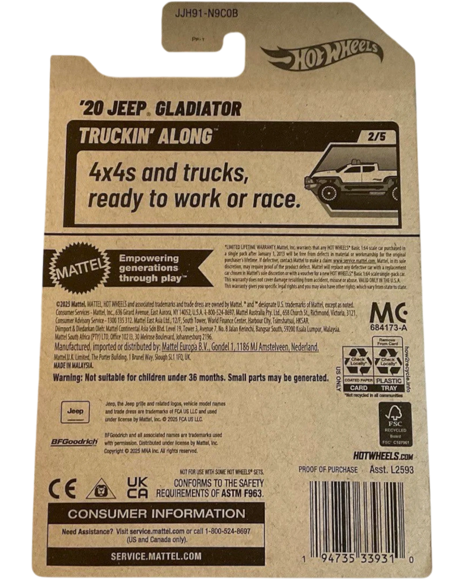 More Than Diecast Hot Wheels 2026 Jeep Gladiator Truckin' Along die-cast toy truck, white with black accents and graphics.