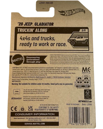 More Than Diecast Hot Wheels 2026 Jeep Gladiator Truckin' Along die-cast toy truck, white with black accents and graphics.