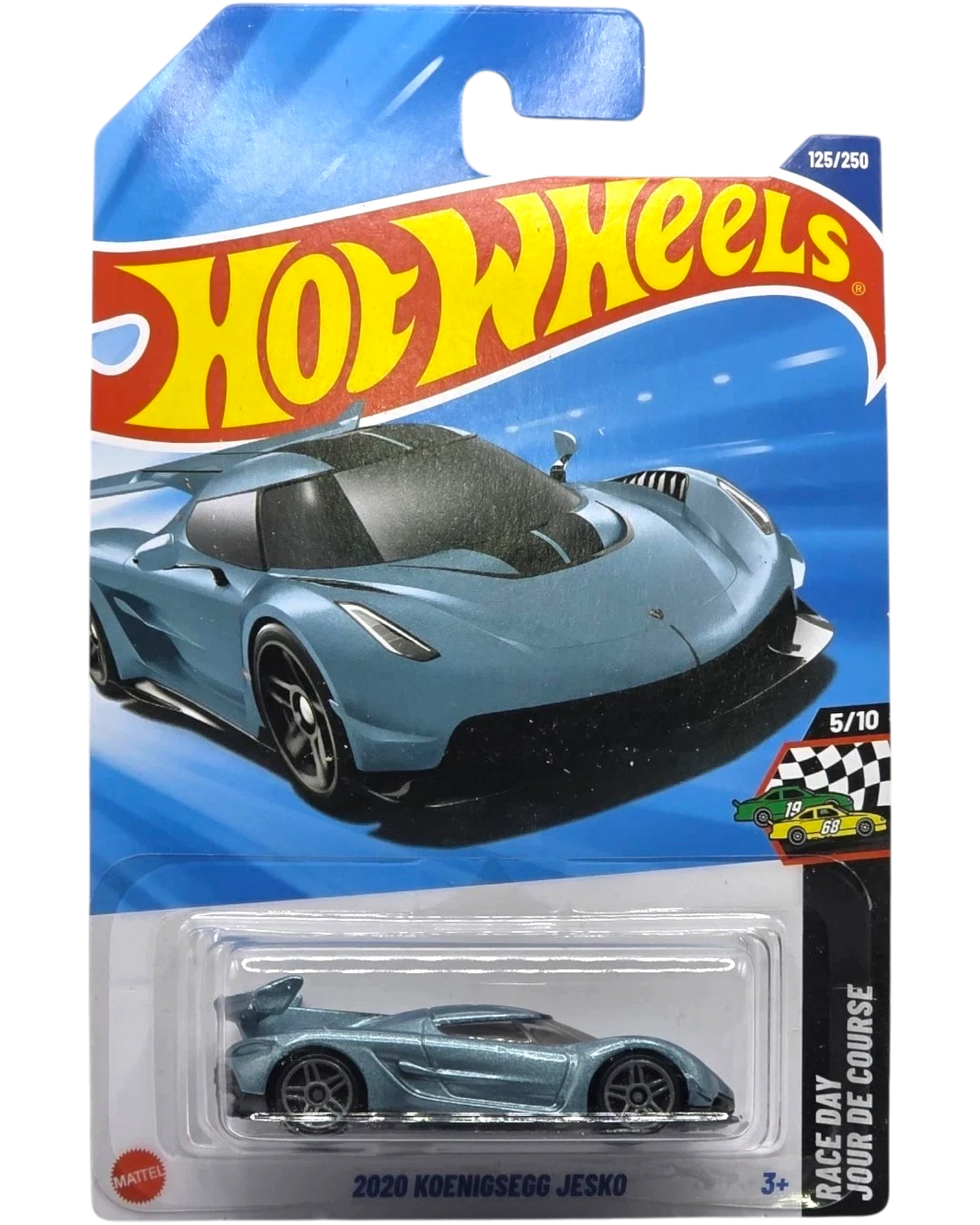 More Than Diecast Hot Wheels 2020 Koenigsegg Jesko toy car, light blue metallic finish, race day edition.