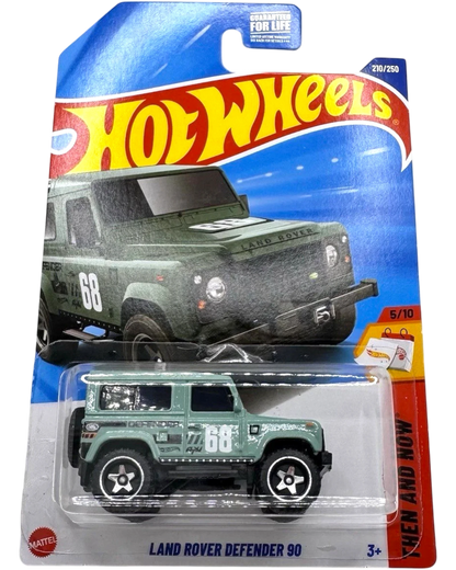 More Than Diecast Hot Wheels 2025 Land Rover Defender 90 in green, 1:64 scale die-cast model with "68" graphic.