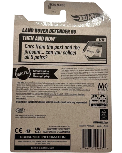 More Than Diecast Hot Wheels 2025 Then and Now Land Rover Defender 90 green die-cast model packaging.