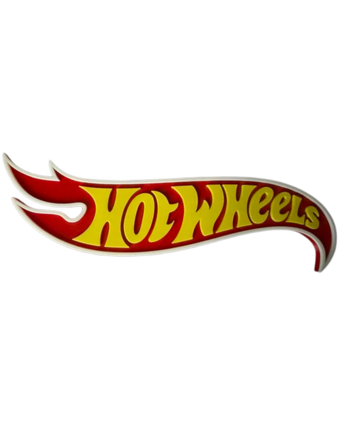 More Than Diecast 3D printed Hot Wheels logo sign in red and yellow plastic, perfect for collector displays.