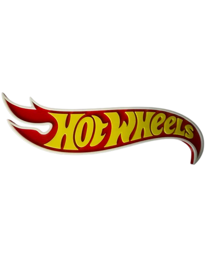 More Than Diecast 3D printed Hot Wheels logo sign in red and yellow plastic, perfect for collector displays.