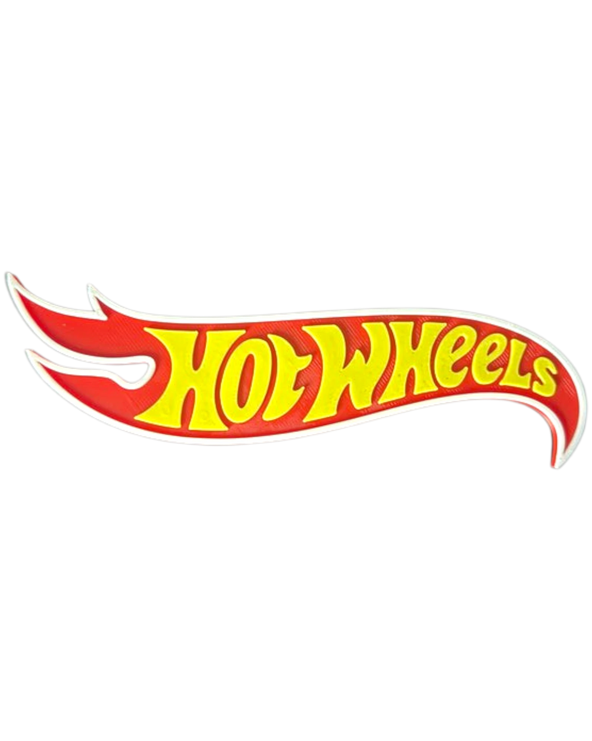 More Than Diecast 3D printed Hot Wheels logo sign in red and yellow, perfect for collector displays.