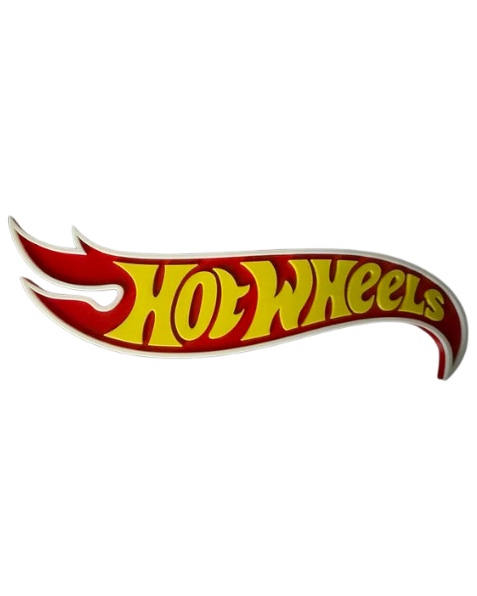 More Than Diecast 3D printed Hot Wheels logo sign, red and yellow, for display decor.