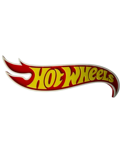 More Than Diecast 3D printed Hot Wheels logo sign, red and yellow, for display decor.