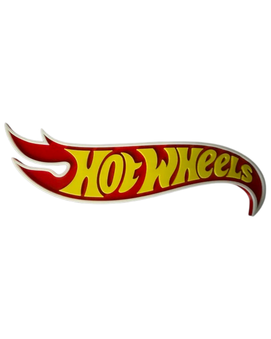 More Than Diecast 3D printed Hot Wheels logo sign, red and yellow, for display decor.
