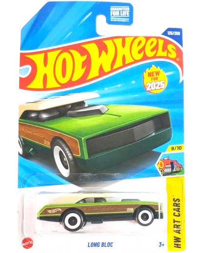 More Than Diecast Hot Wheels 2025 Long Bloc apple green die-cast car with wood paneling detail and white-rimmed wheels.