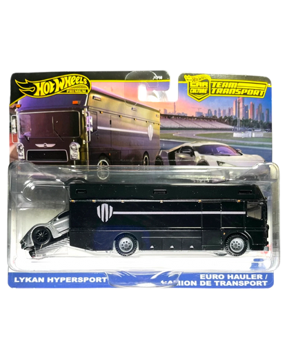 More Than Diecast Hot Wheels 2025 Team Transport Lykan HyperSport and Euro Hauler 1:64 die-cast set in black with silver accents.