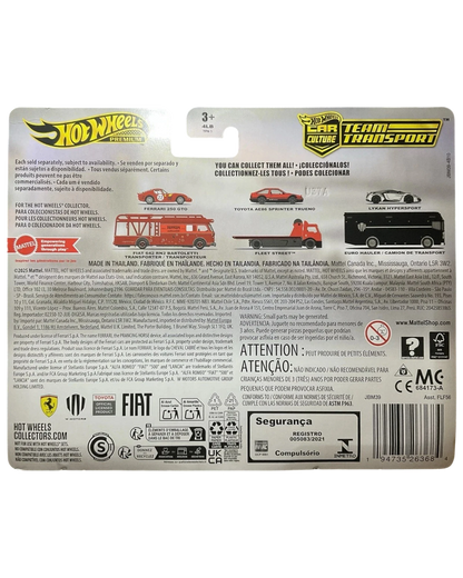 More Than Diecast Hot Wheels 2025 Team Transport Lykan HyperSport and Euro Hauler 1:64 die-cast set. The Lykan HyperSport is a sleek, red sports car, and the Euro Hauler is a black bus-like transporter.