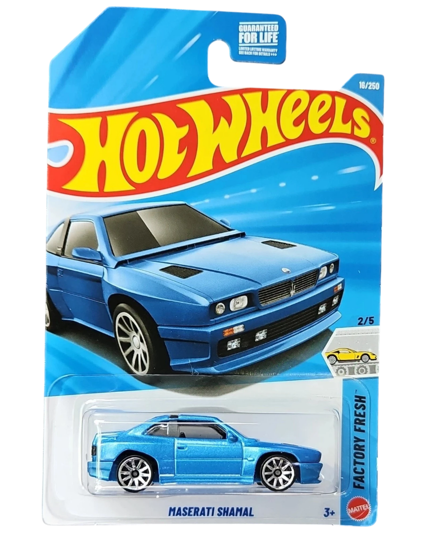More Than Diecast Hot Wheels Maserati Shamal Factory Fresh blue 1:64 scale diecast car in blister packaging.