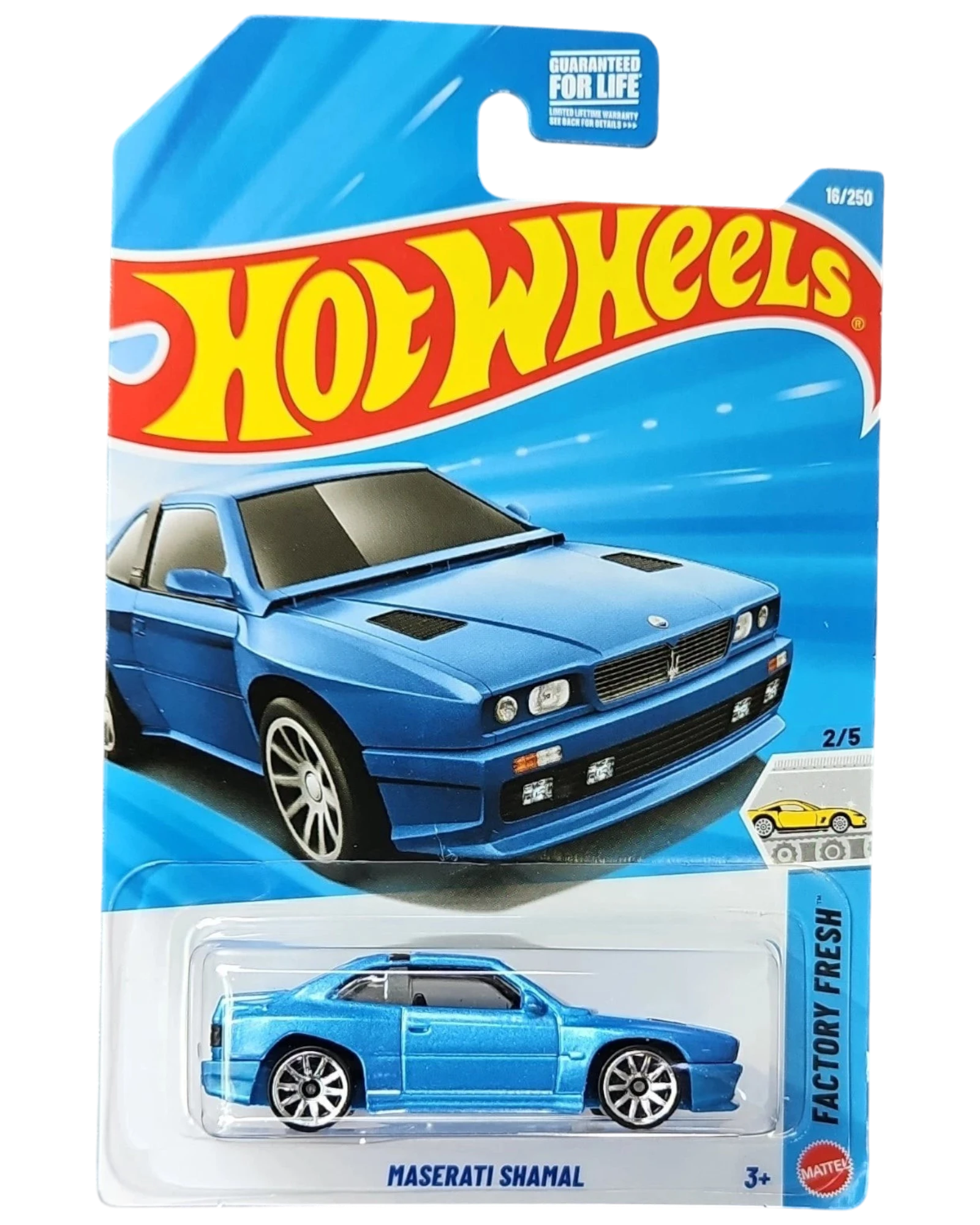 More Than Diecast Hot Wheels Maserati Shamal Factory Fresh blue 1:64 scale diecast car in blister packaging.