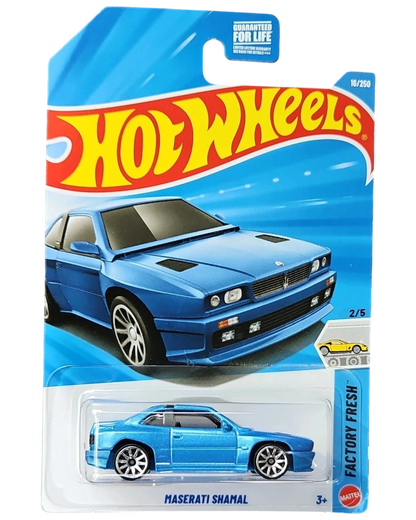 More Than Diecast Hot Wheels Maserati Shamal Factory Fresh blue 1:64 scale diecast car in blister packaging.