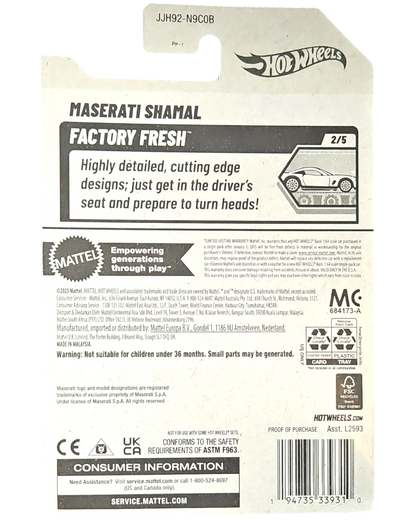 More Than Diecast Hot Wheels Maserati Shamal Factory Fresh blue 1:64 scale diecast car packaging.