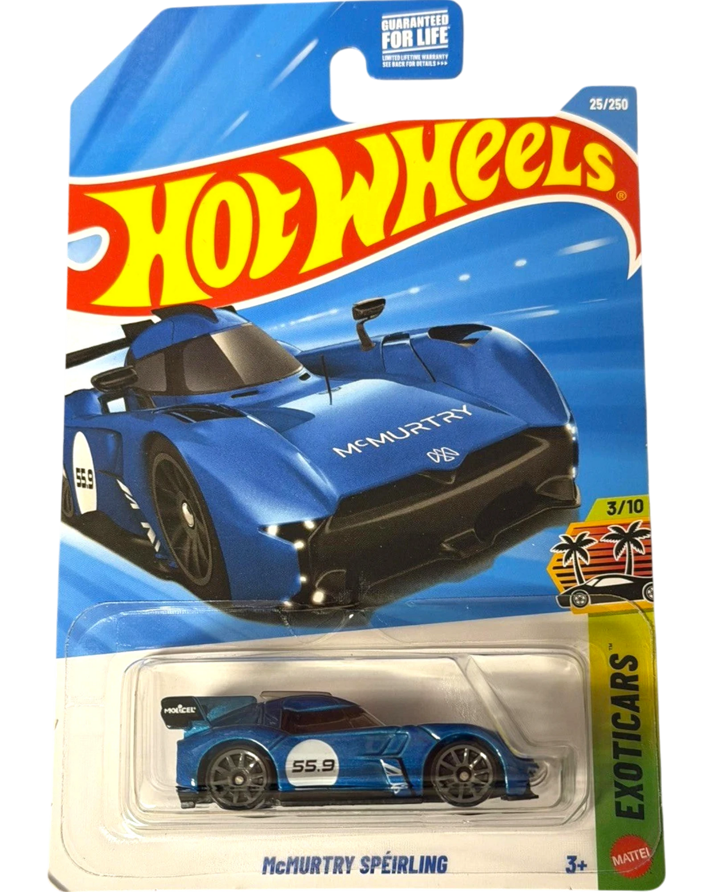 More Than Diecast Hot Wheels McMurtry Speirling blue diecast car, limited edition 25/250, with detailed aero and graphics.