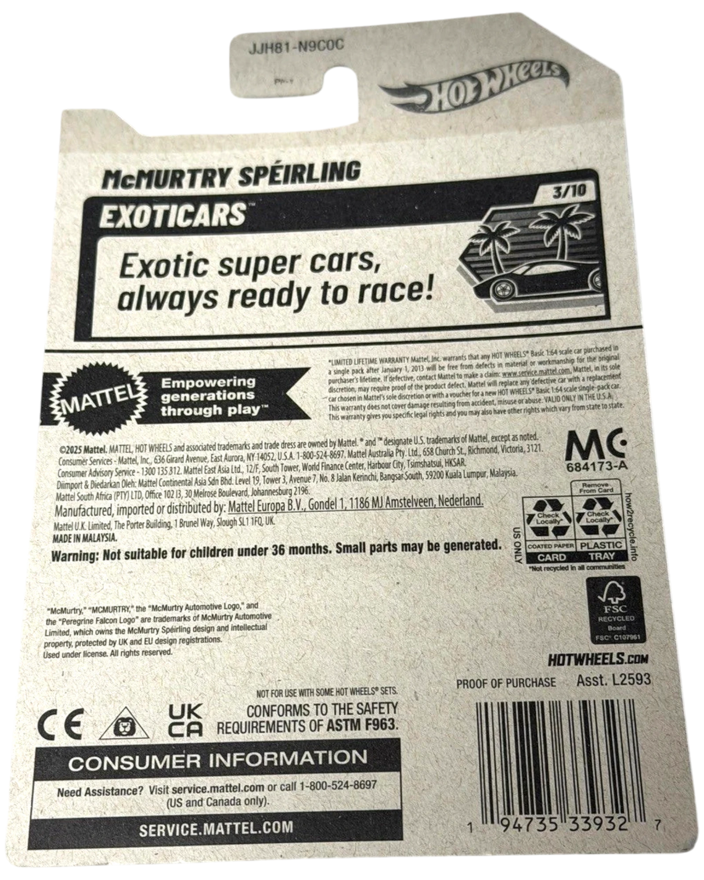 More Than Diecast Hot Wheels McMurtry Speirling diecast car, 25/250 limited edition, with detailed graphics and a sleek, aerodynamic design.