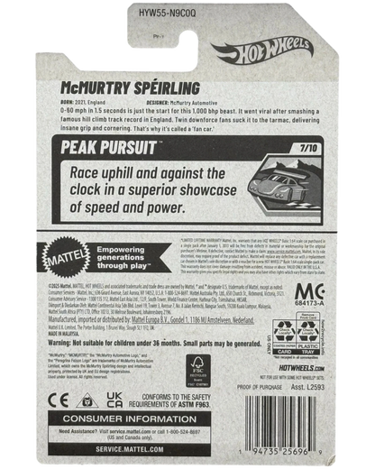 More Than Diecast 2025 Hot Wheels McMurtry Speirling gray die-cast model car, 7/10 series, with detailed graphics and realistic design.