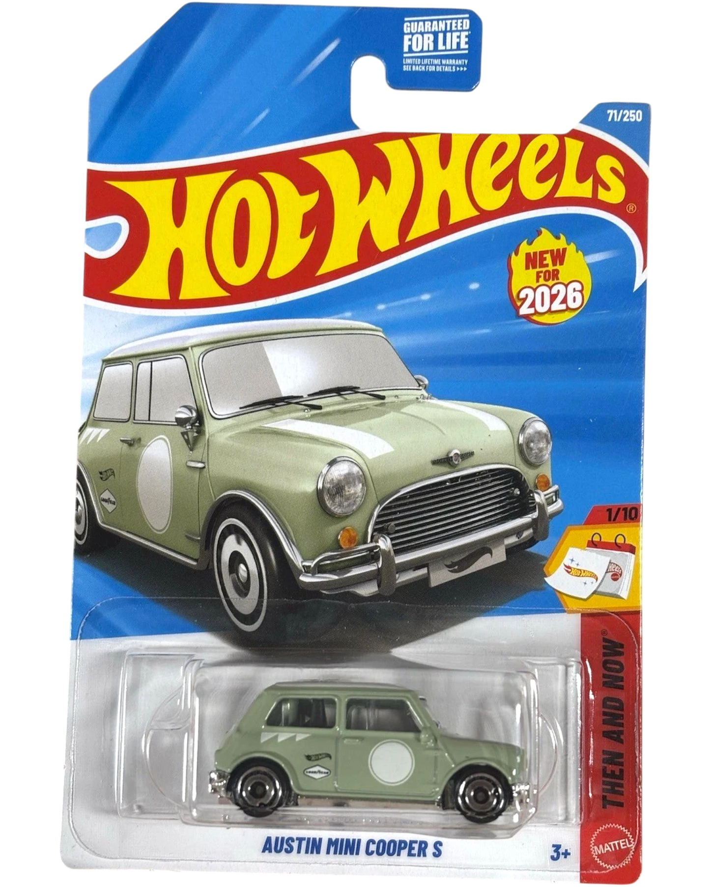 More Than Diecast 2026 Hot Wheels Austin Mini Cooper S, light green die-cast car with white circle decals on doors, in packaging.