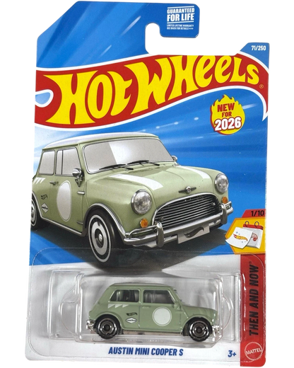 More Than Diecast 2026 Hot Wheels Austin Mini Cooper S, light green die-cast car with white circle decals on doors, in packaging.