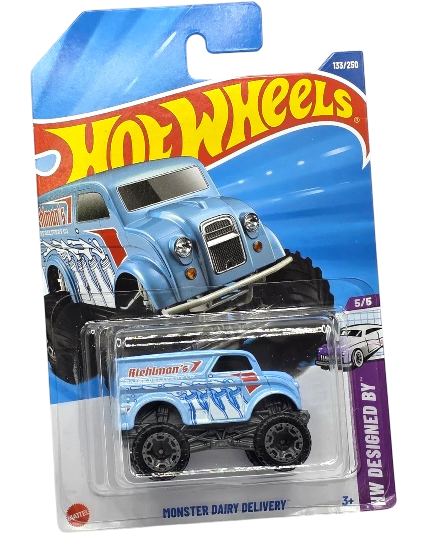 More Than Diecast Hot Wheels Monster Dairy Delivery blue 1:64 scale die-cast car with white and red graphics.