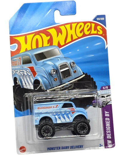 More Than Diecast Hot Wheels Monster Dairy Delivery blue 1:64 scale die-cast car with white and red graphics.