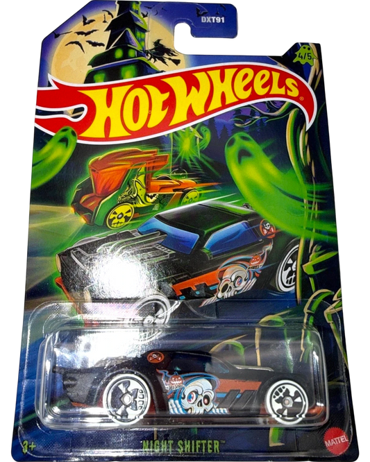 More Than Diecast Hot Wheels Night Shifter 2025 Halloween Edition 1:64 die-cast car with skull graphics.