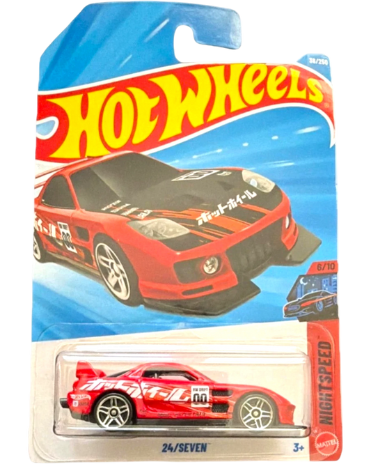More Than Diecast Hot Wheels 24/SEVEN Nightspeed 1:64 red, black, and white diecast car with racing decals and spoiler.