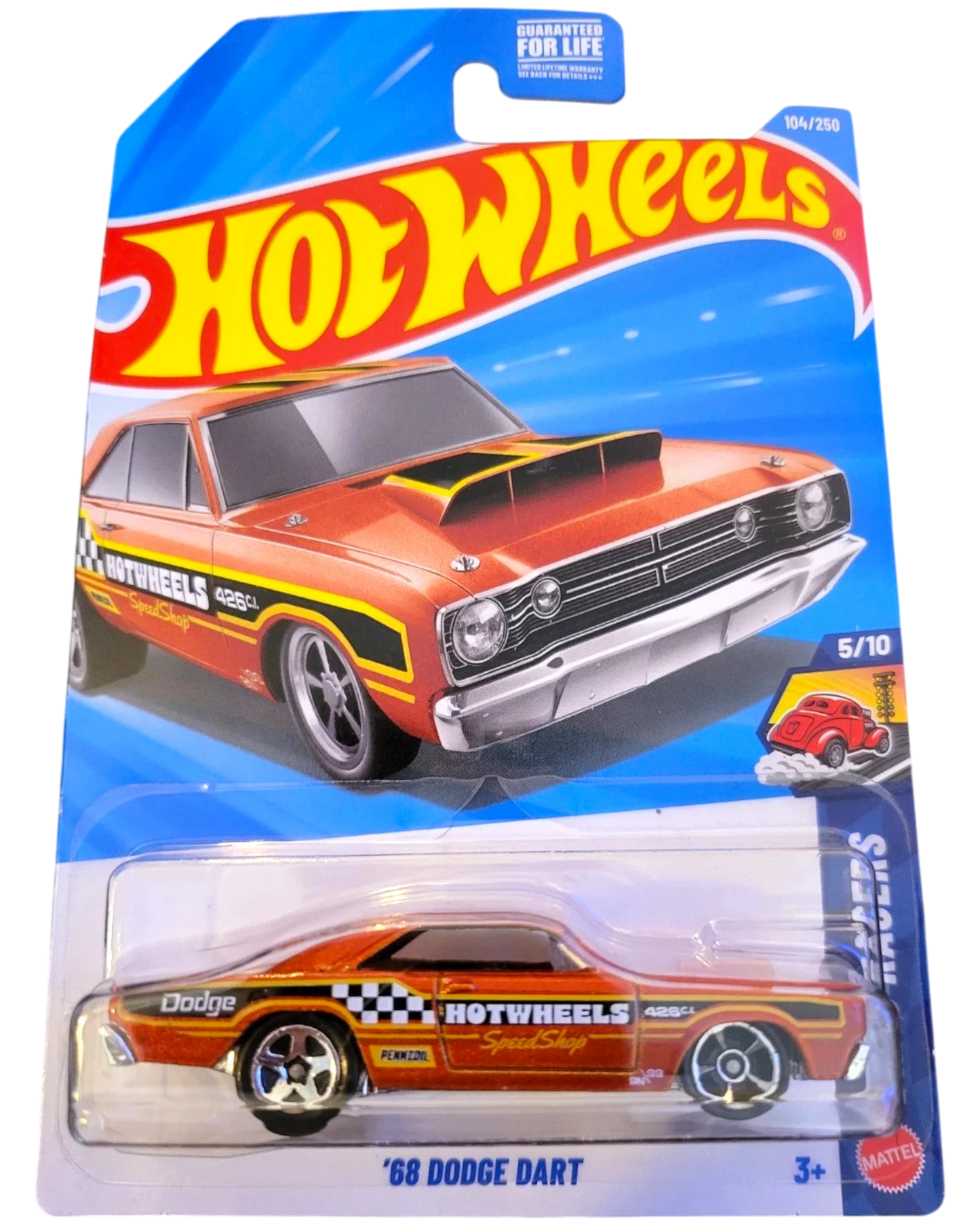 More Than Diecast Hot Wheels 2026 Orange '68 Dodge Dart drag racer with black and yellow racing stripes and a hood scoop.