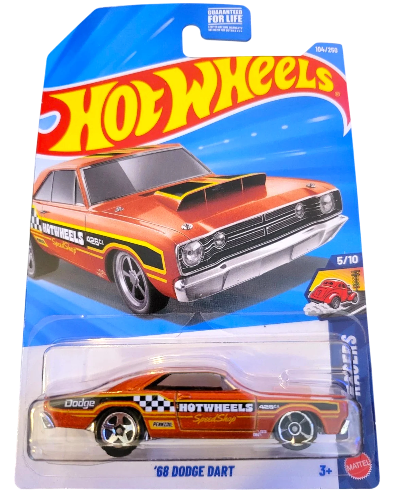 More Than Diecast Hot Wheels 2026 Orange '68 Dodge Dart drag racer with black and yellow racing stripes and a hood scoop.