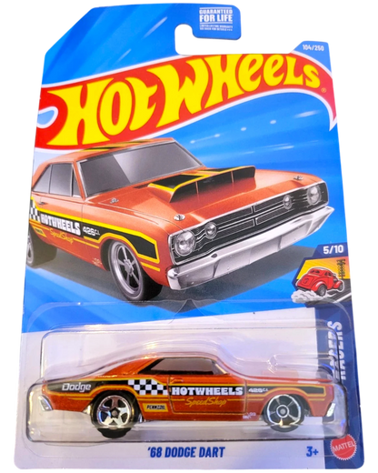 More Than Diecast Hot Wheels 2026 Orange '68 Dodge Dart drag racer with black and yellow racing stripes and a hood scoop.
