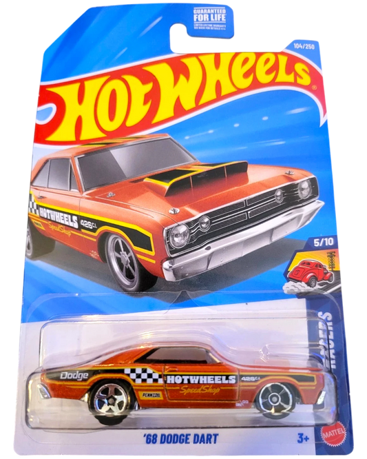 More Than Diecast Hot Wheels 2026 Orange '68 Dodge Dart drag racer with black and yellow racing stripes and a hood scoop.