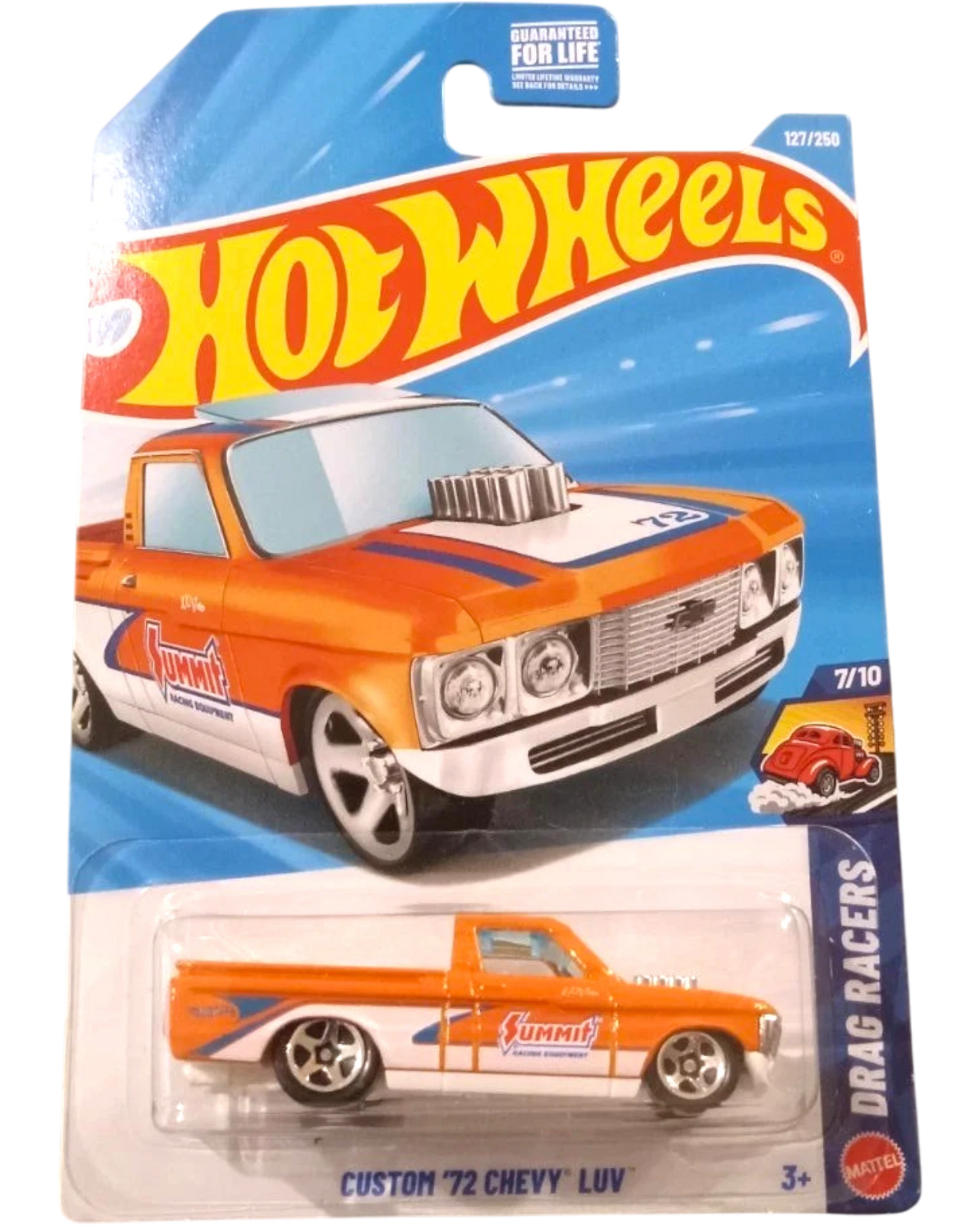 More Than Diecast Hot Wheels Custom '72 Chevy Luv drag racer in orange with white accents and Summit Racing graphics.
