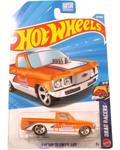 More Than Diecast Hot Wheels Custom '72 Chevy Luv drag racer in orange with white accents and Summit Racing graphics.