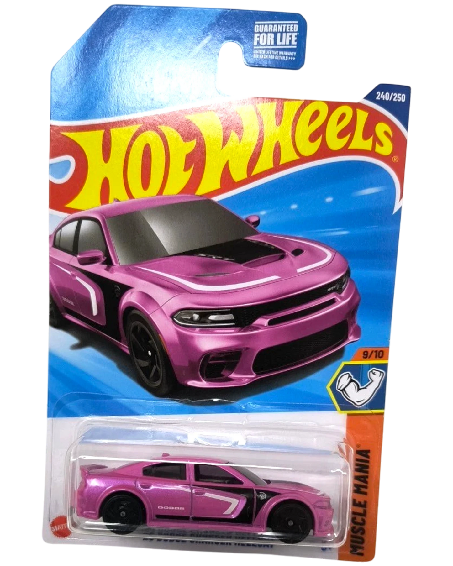 More Than Diecast Hot Wheels 2020 Dodge Charger Hellcat muscle car in metallic pink with black accents, 1:64 scale.