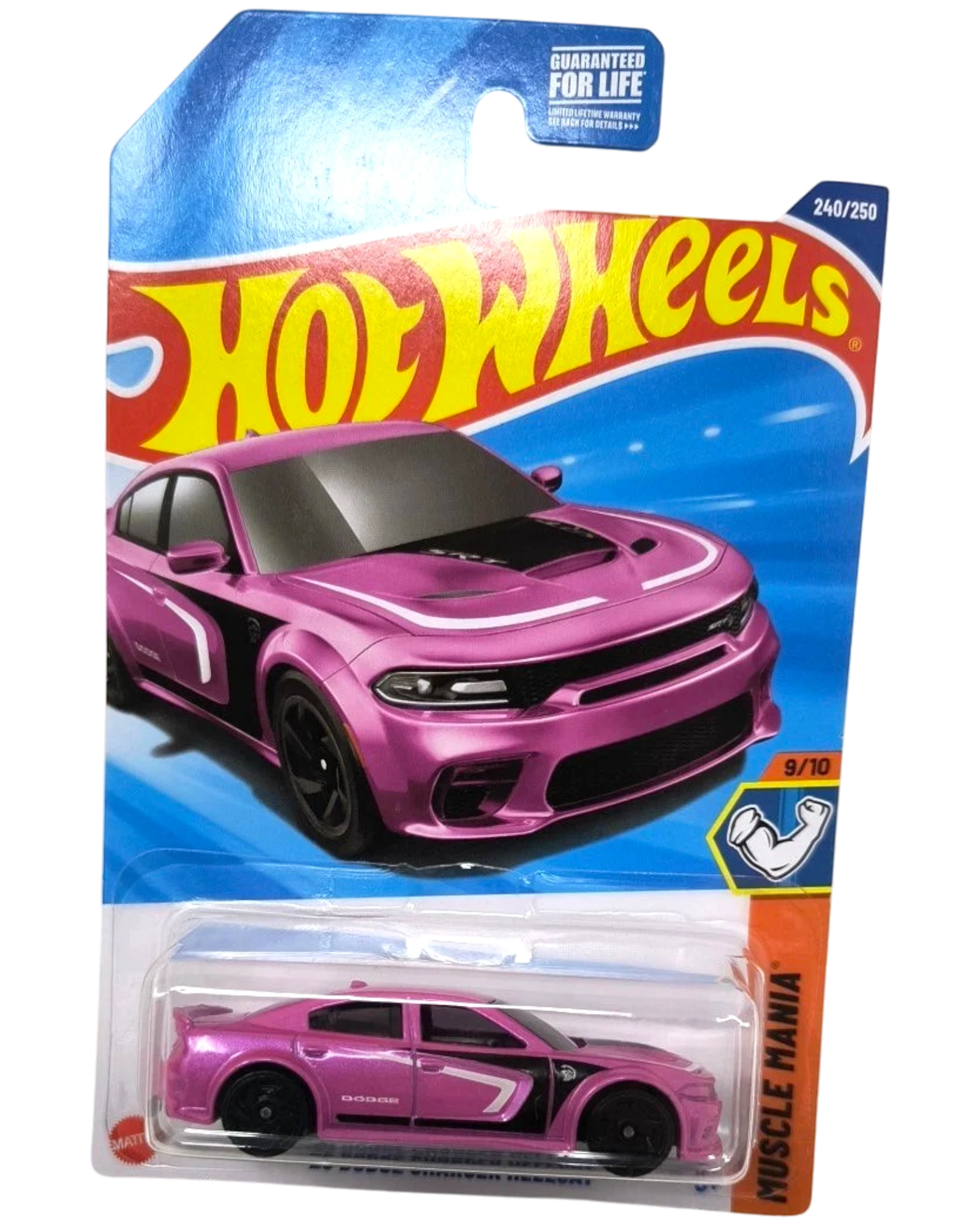 More Than Diecast Hot Wheels 2020 Dodge Charger Hellcat muscle car in metallic pink with black accents, 1:64 scale.