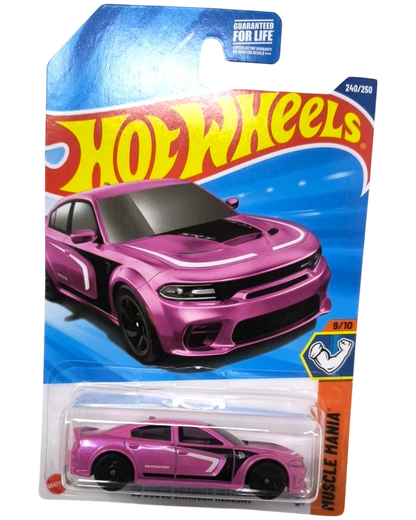 More Than Diecast Hot Wheels 2020 Dodge Charger Hellcat muscle car in metallic pink with black accents, 1:64 scale.