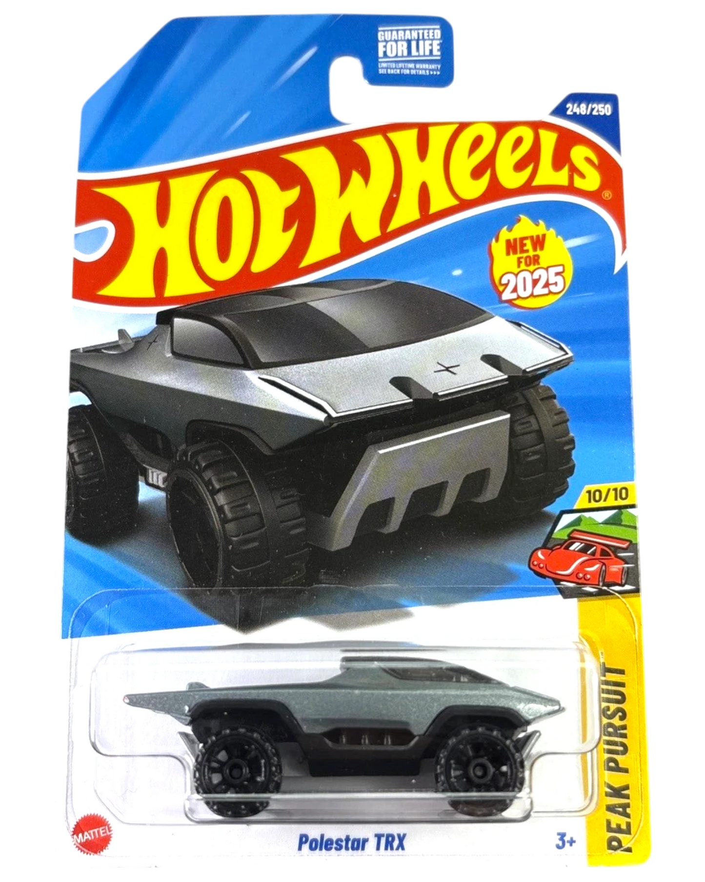More Than Diecast Hot Wheels 2025 Polestar TRX die-cast car in metallic silver with black wheels and detailed graphics.