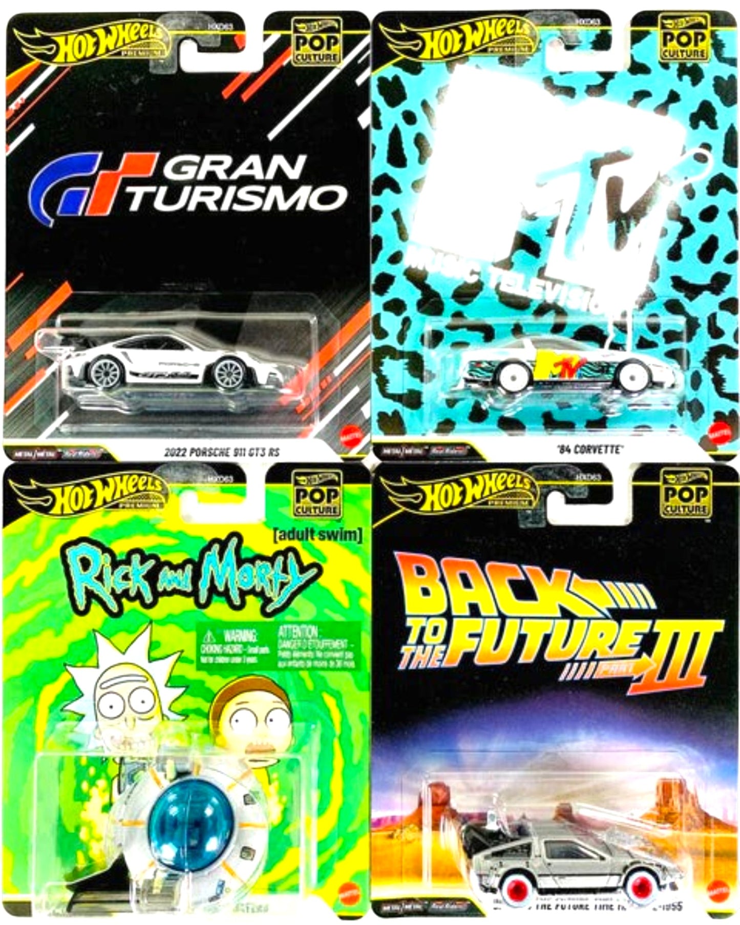 More Than Diecast Hot Wheels 2026 Pop Culture Mix 2 P Case 4-car set featuring Gran Turismo Porsche, MTV Corvette, Rick and Morty, and Back to the Future DeLorean.