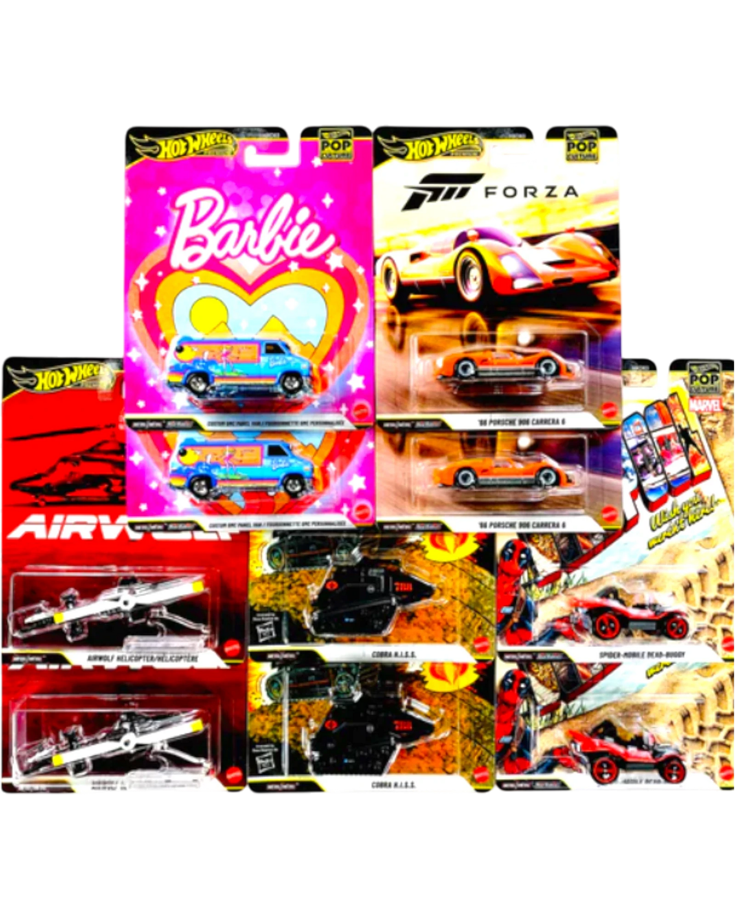 More Than Diecast Hot Wheels 2026 Pop Culture Case Q 10-car set featuring Barbie, Forza, Airwolf, Cobra, and Spider-Mobile.