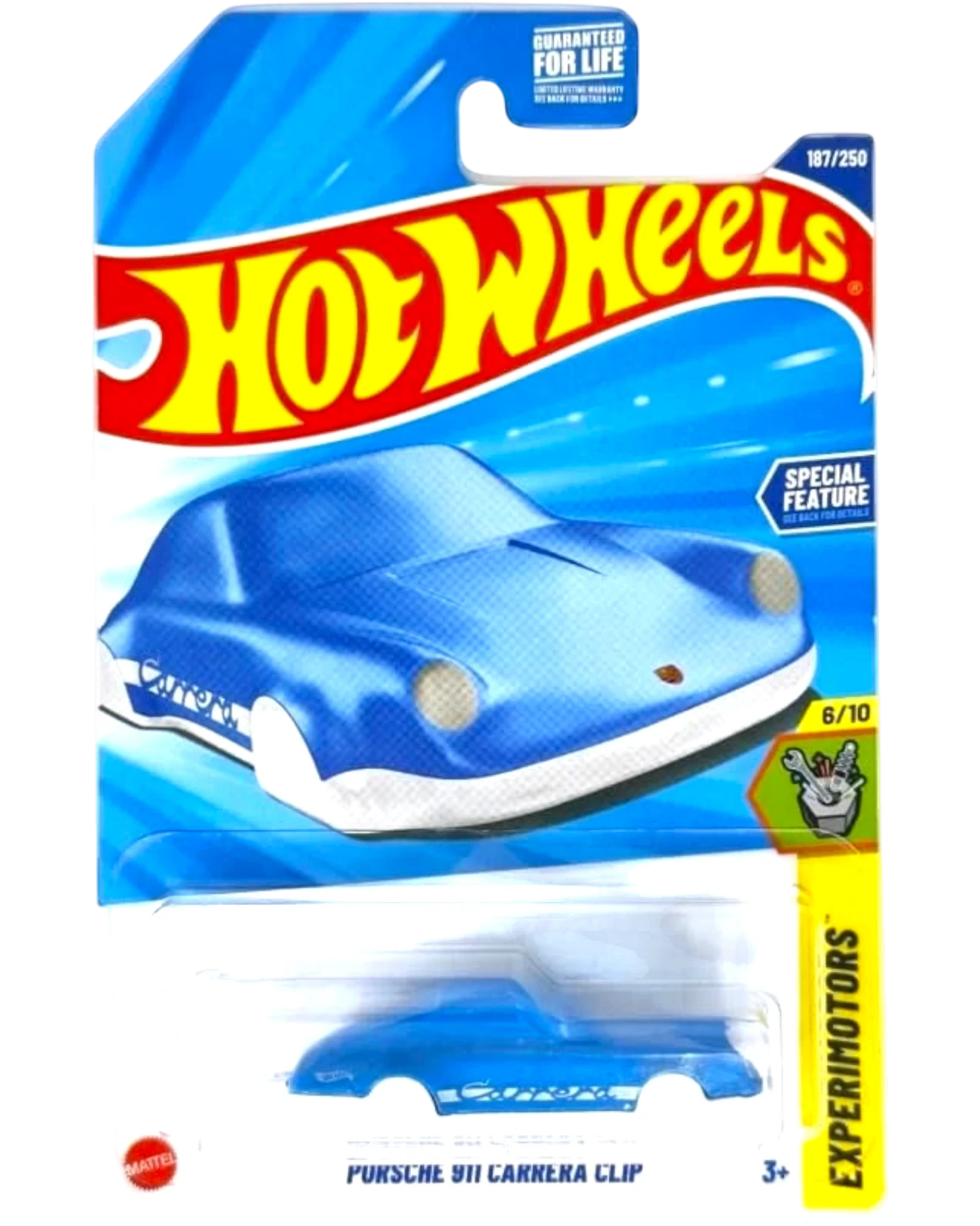 More Than Diecast Hot Wheels Porsche 911 Carrera Clip-A Experimotors die-cast toy car, blue and white two-tone, 1:64 scale.